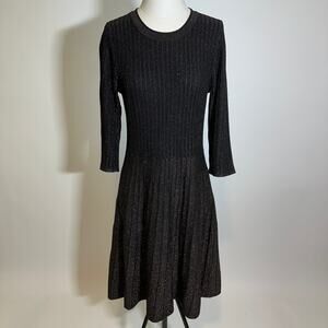 Nanette Lepore Black Metallic Ribbed Fit & Flare Sweater Dress Womens Size Large
